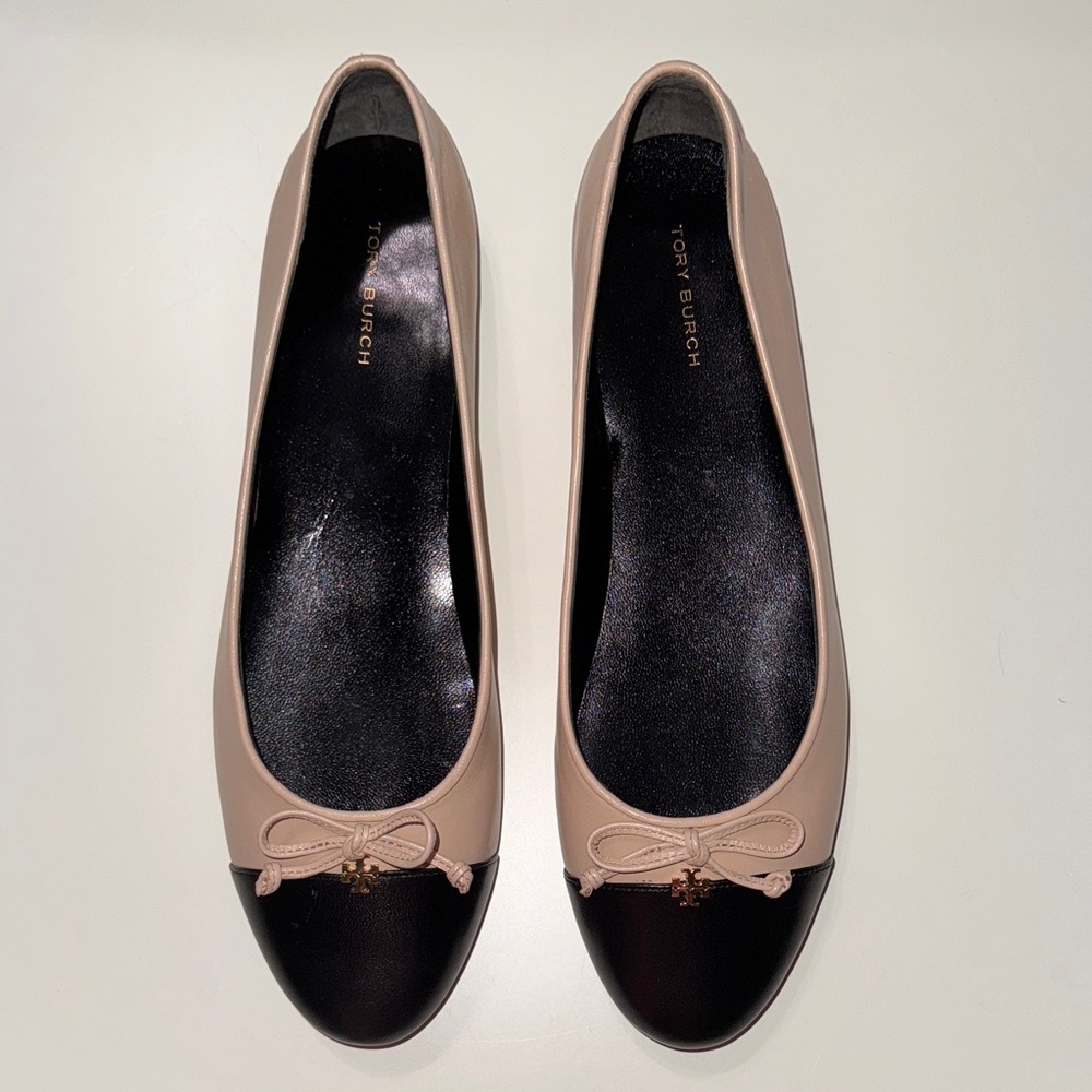 New Tory Burch Rose Pink/Perfect Black Stunning Cap-Toe Ballet Flat